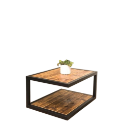 Mesa de centro meia quina e acabamento em madeira