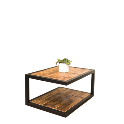 Mesa de centro meia quina e acabamento em madeira